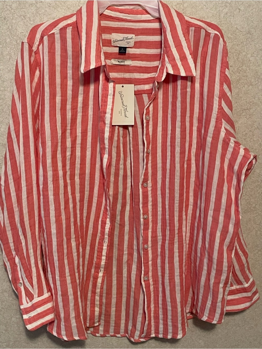 Universal Thread Coral and White Striped Button-Down Shirt